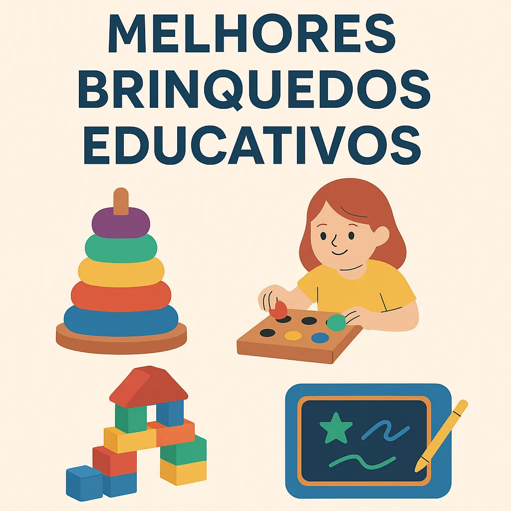 Ilustração de brinquedos educativos, incluindo torre de argolas, blocos de montar, quadro de LED e criança brincando, destacando os melhores brinquedos para desenvolvimento infantil.