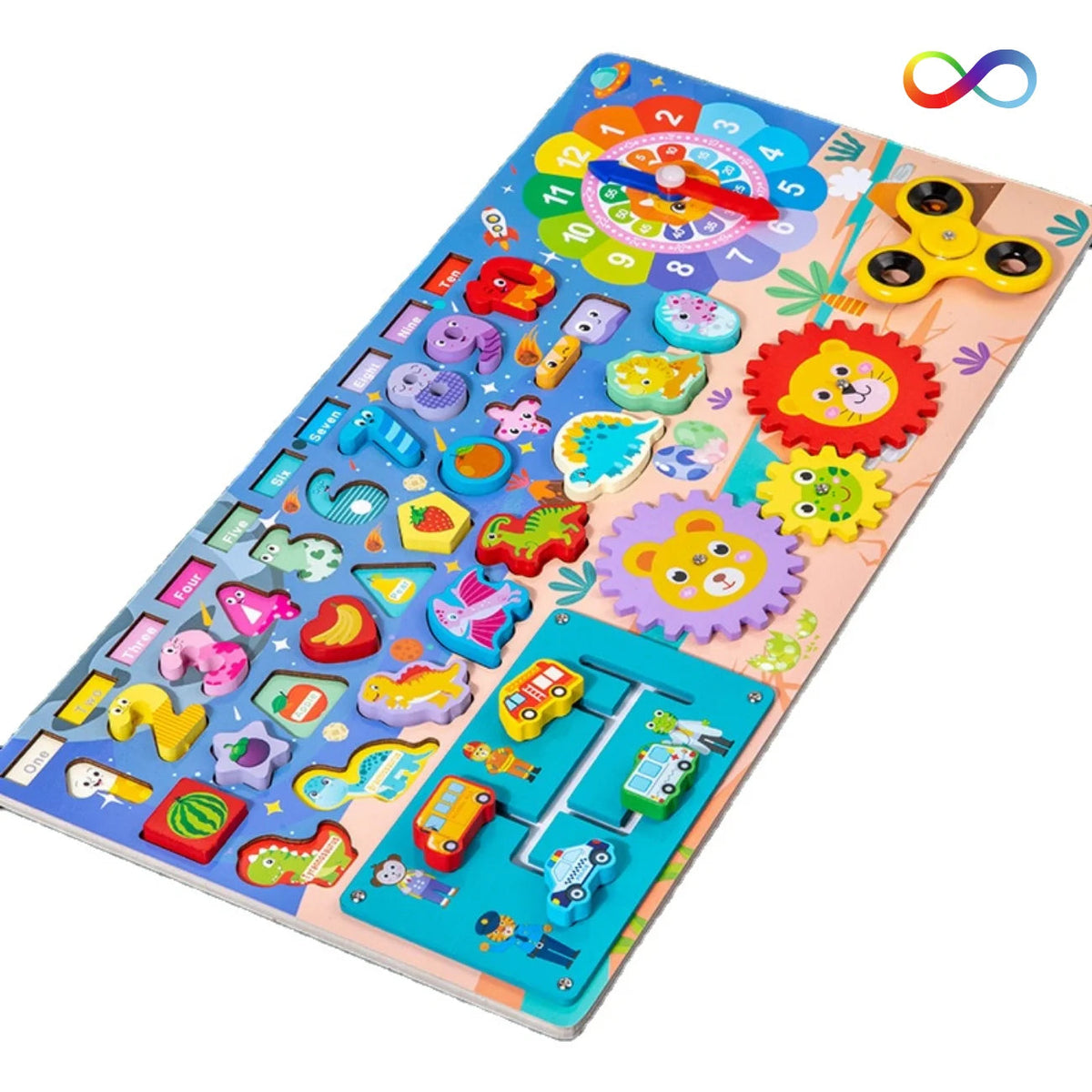 Brinquedo Educativo Tabuleiro Sensorial 7 em 1 Montessori com Dinossauros Frutas e Formas Bramble