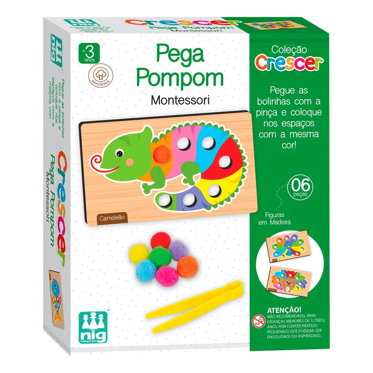 Brinquedo Pega Pompom de Madeira – Estímulo à Coordenação Motora e Cores 63 Peças Nig