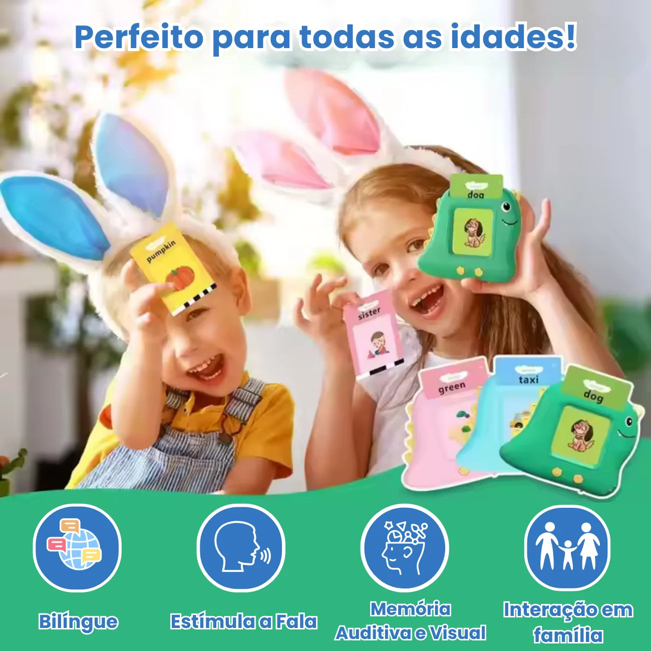 Leitor de Cartões Bilingue: Aprender Inglês Brincando 224 Palavras