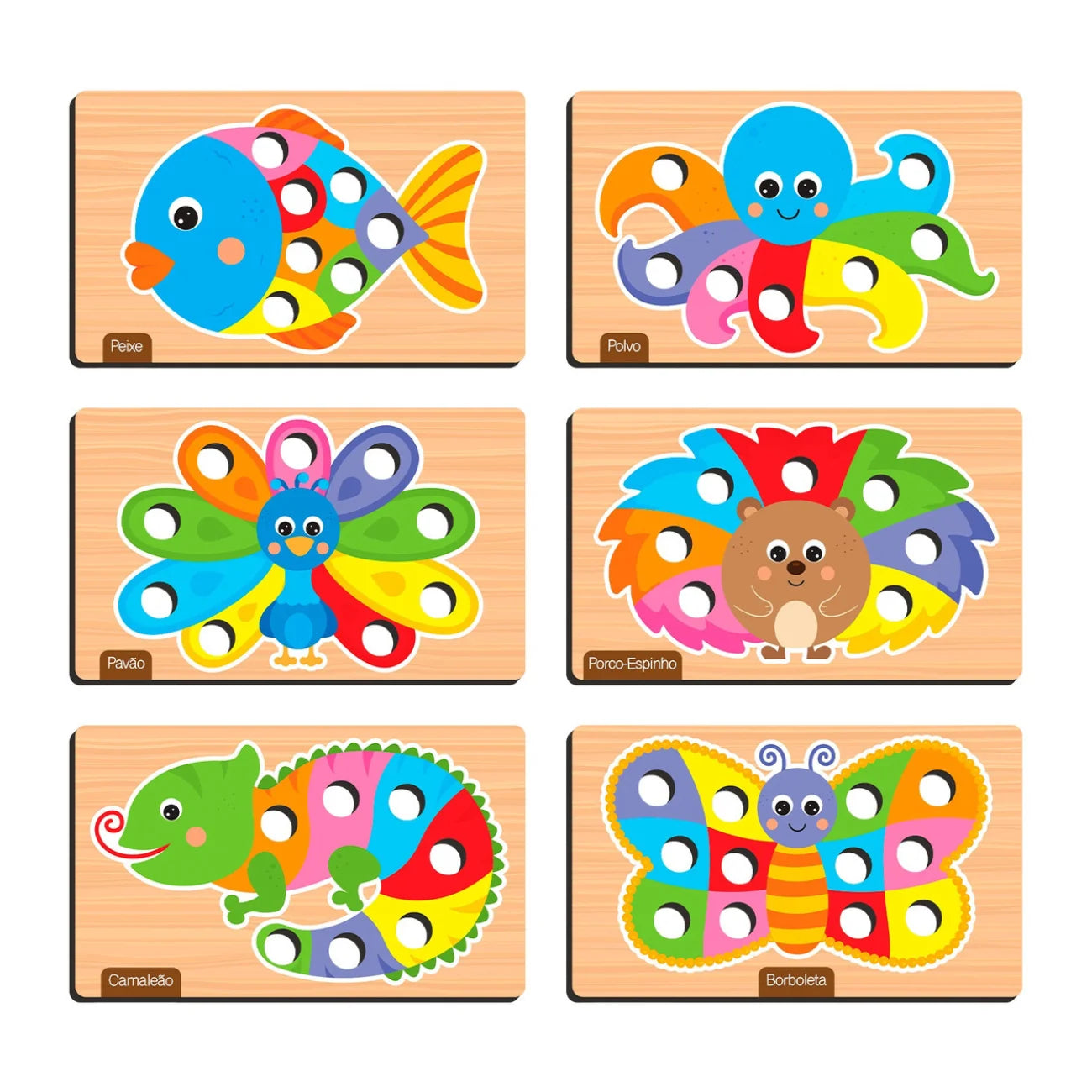 Brinquedo Pega Pompom de Madeira – Estímulo à Coordenação Motora e Cores 63 Peças Nig