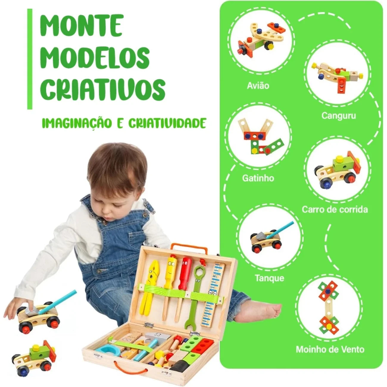 Caixa de Ferramentas Infantil Brinquedo Montessori 34 Peças em Madeira Brastoy