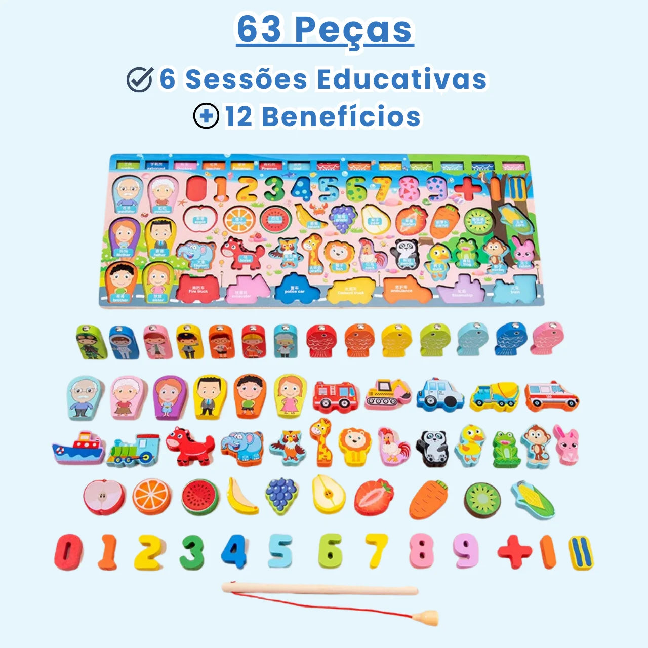 Tabuleiro Educativo Montessori 100% Madeira 63 Peças