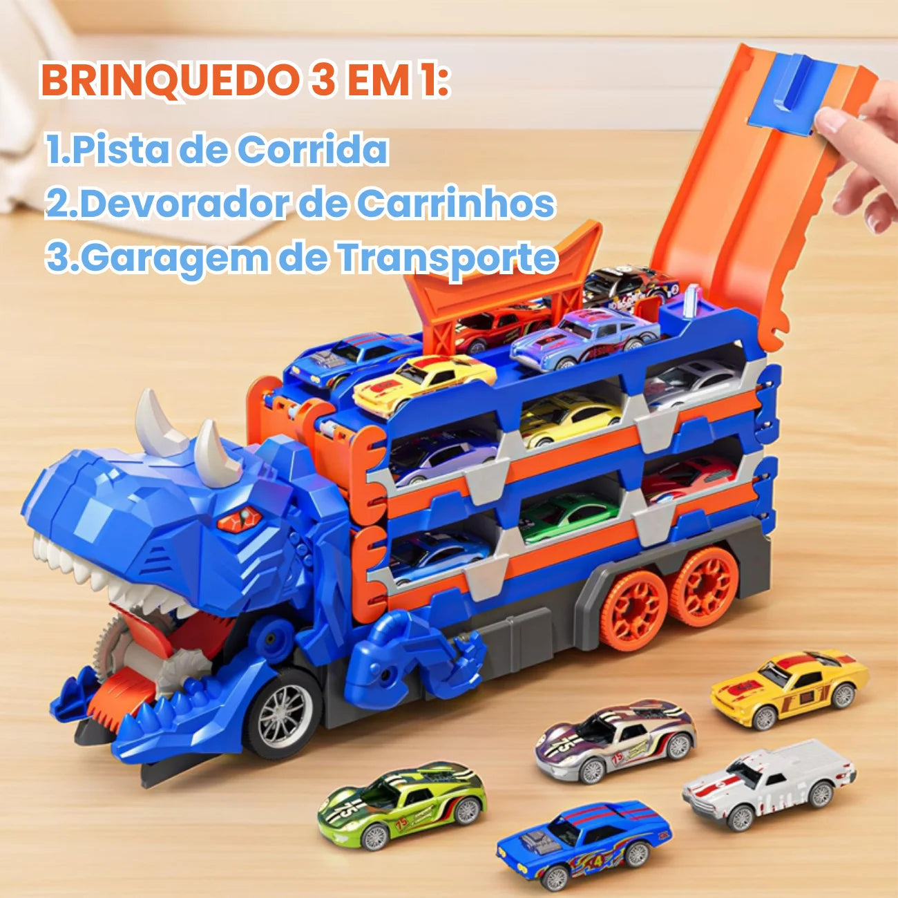 Brinquedo Caminhão Cegonha Dinossauro REX Engole Carros 3 em 1 Pista Radical Bramble
