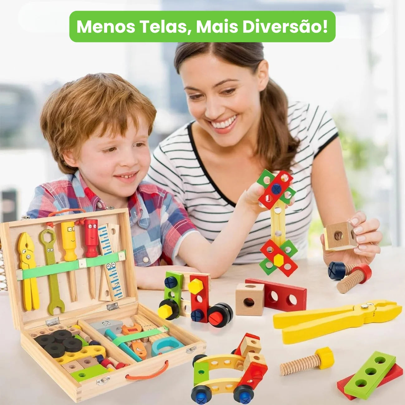 Caixa de Ferramentas Infantil Brinquedo Montessori 34 Peças em Madeira Brastoy