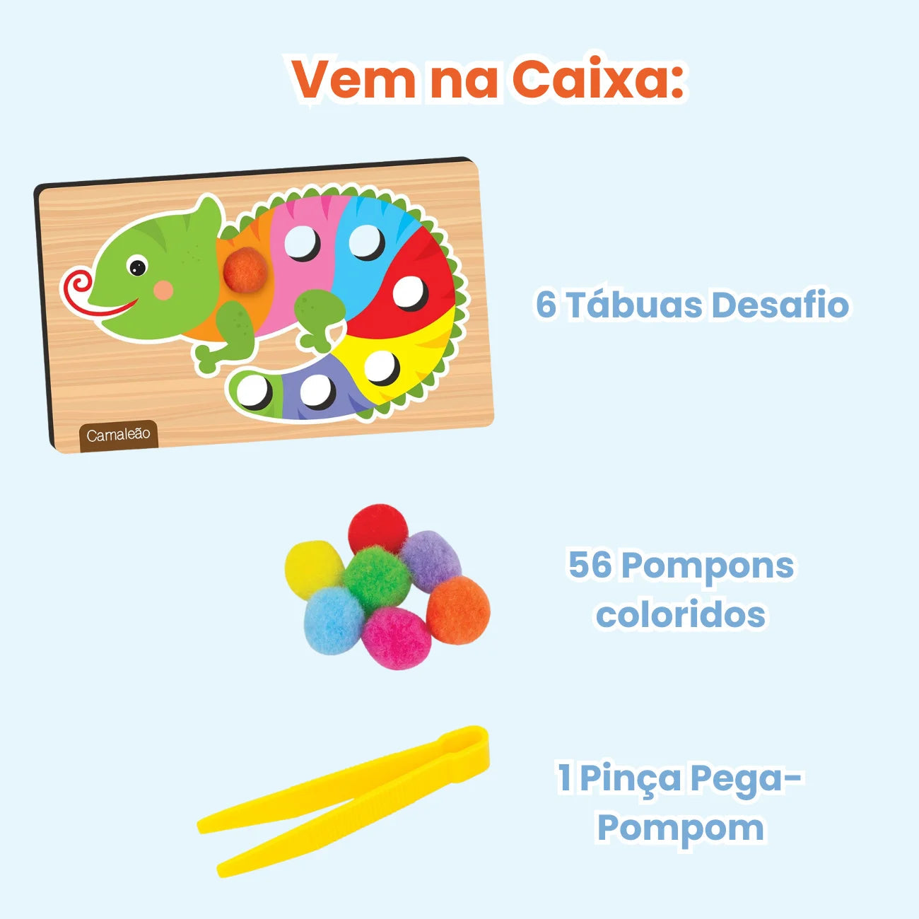 Brinquedo Pega Pompom de Madeira – Estímulo à Coordenação Motora e Cores 63 Peças Nig