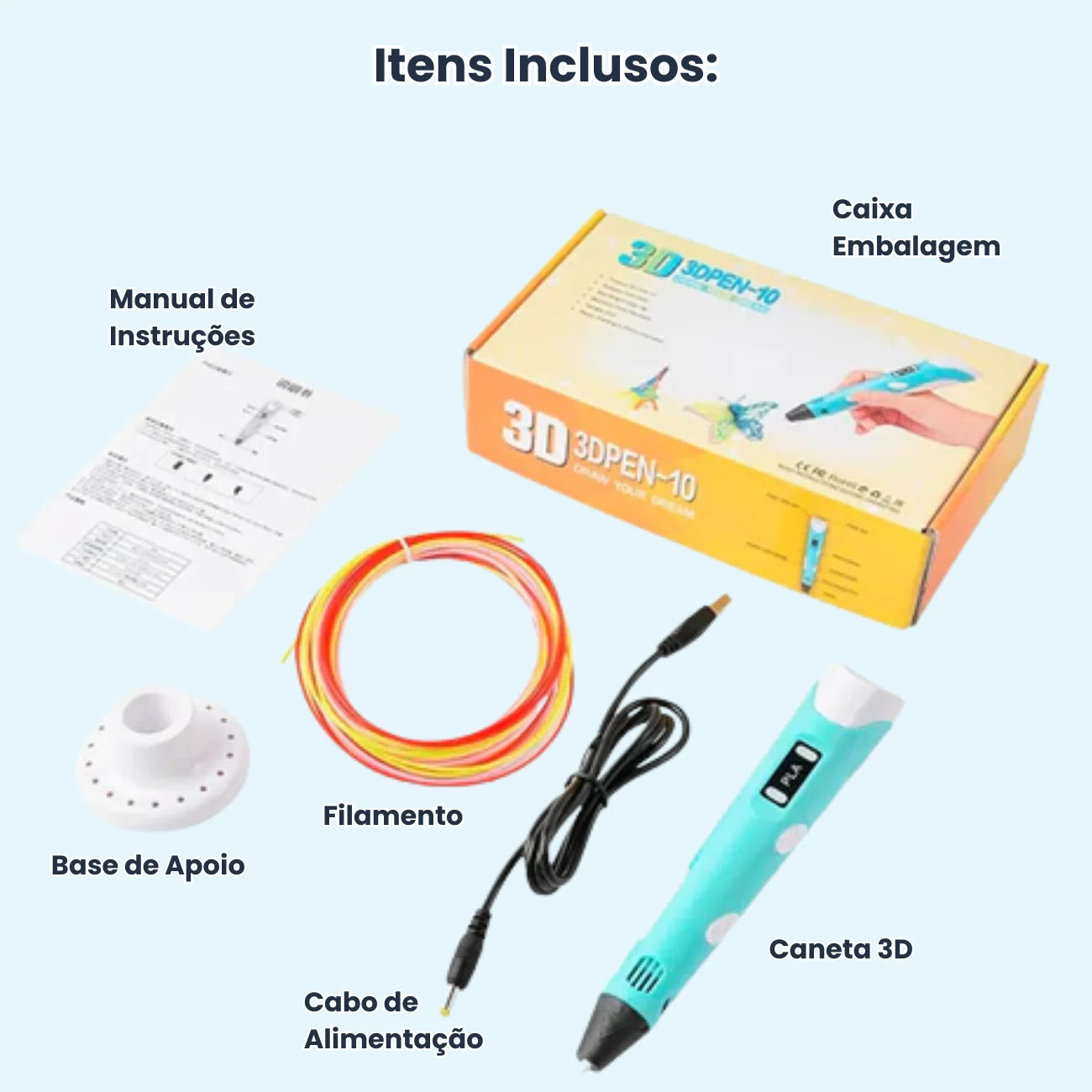 Caneta 3D Infantil com Filamento Colorido para Desenhos e Objetos Criativos Bramble