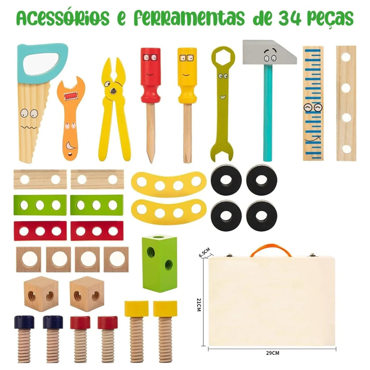 Caixa de Ferramentas Infantil Brinquedo Montessori 34 Peças em Madeira Brastoy