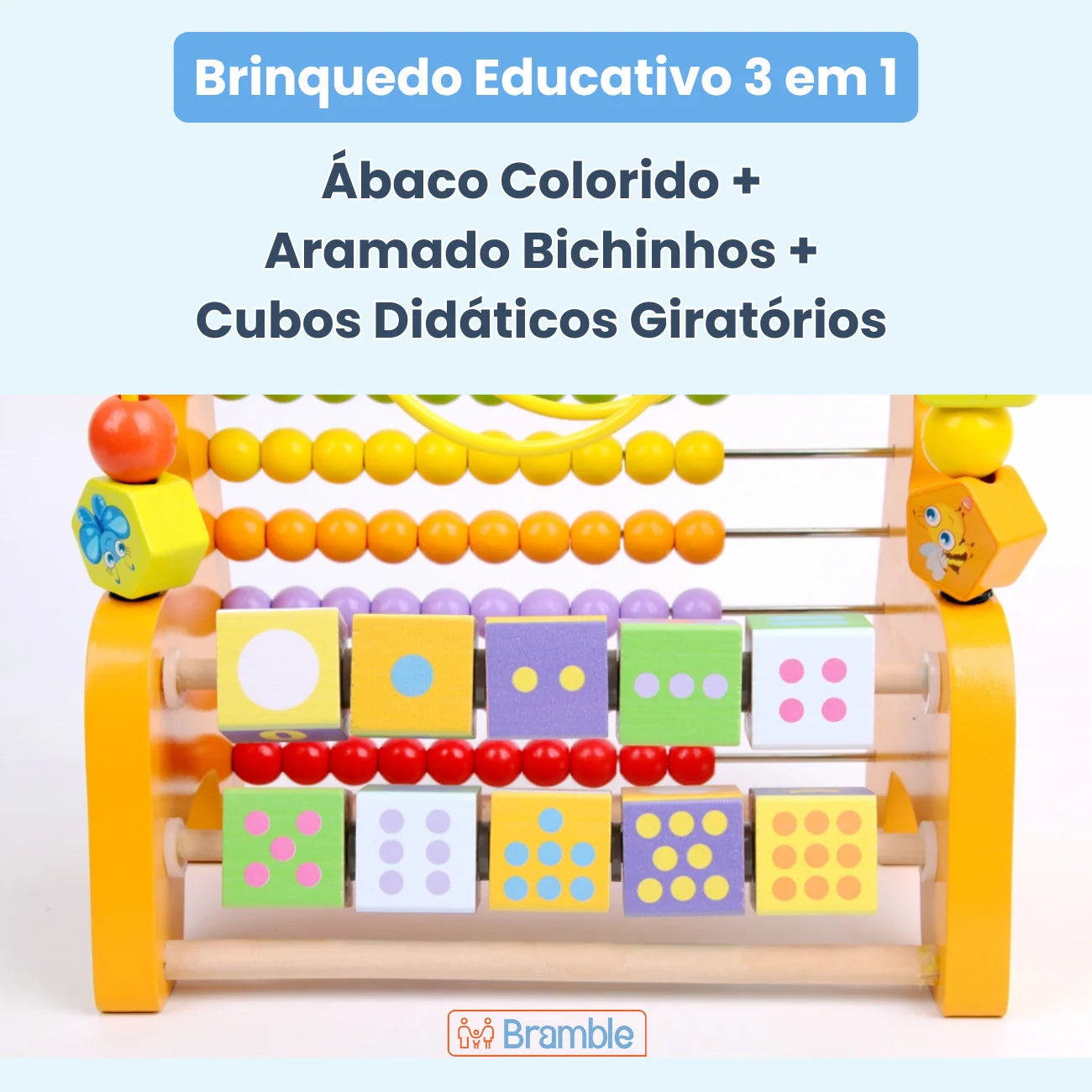 Brinquedo Educativo 3 em 1 Montessori: Ábaco Colorido, Aramado e Cubos Didáticos Bramble