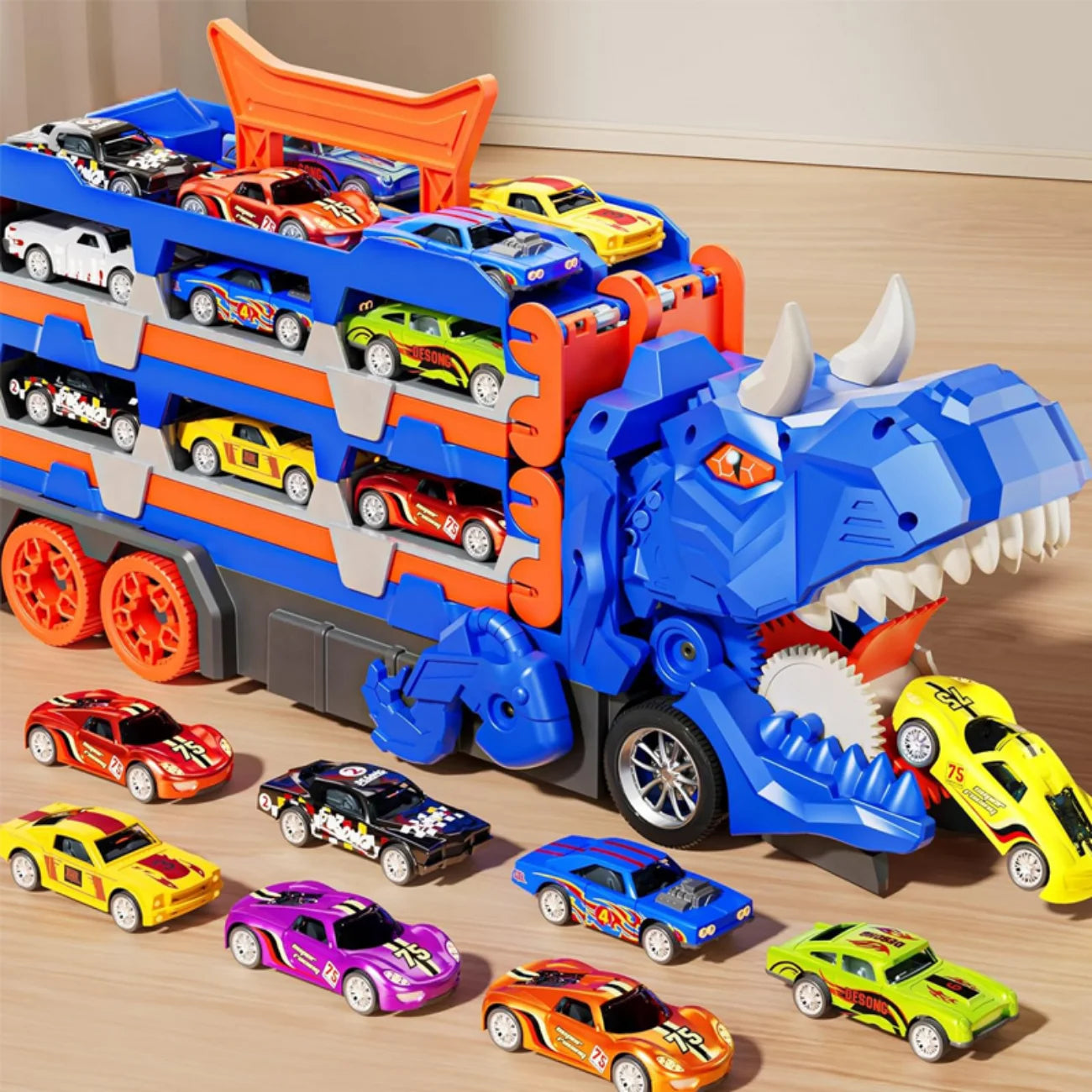 Brinquedo Caminhão Cegonha Dinossauro REX Engole Carros 3 em 1 Pista Radical Bramble