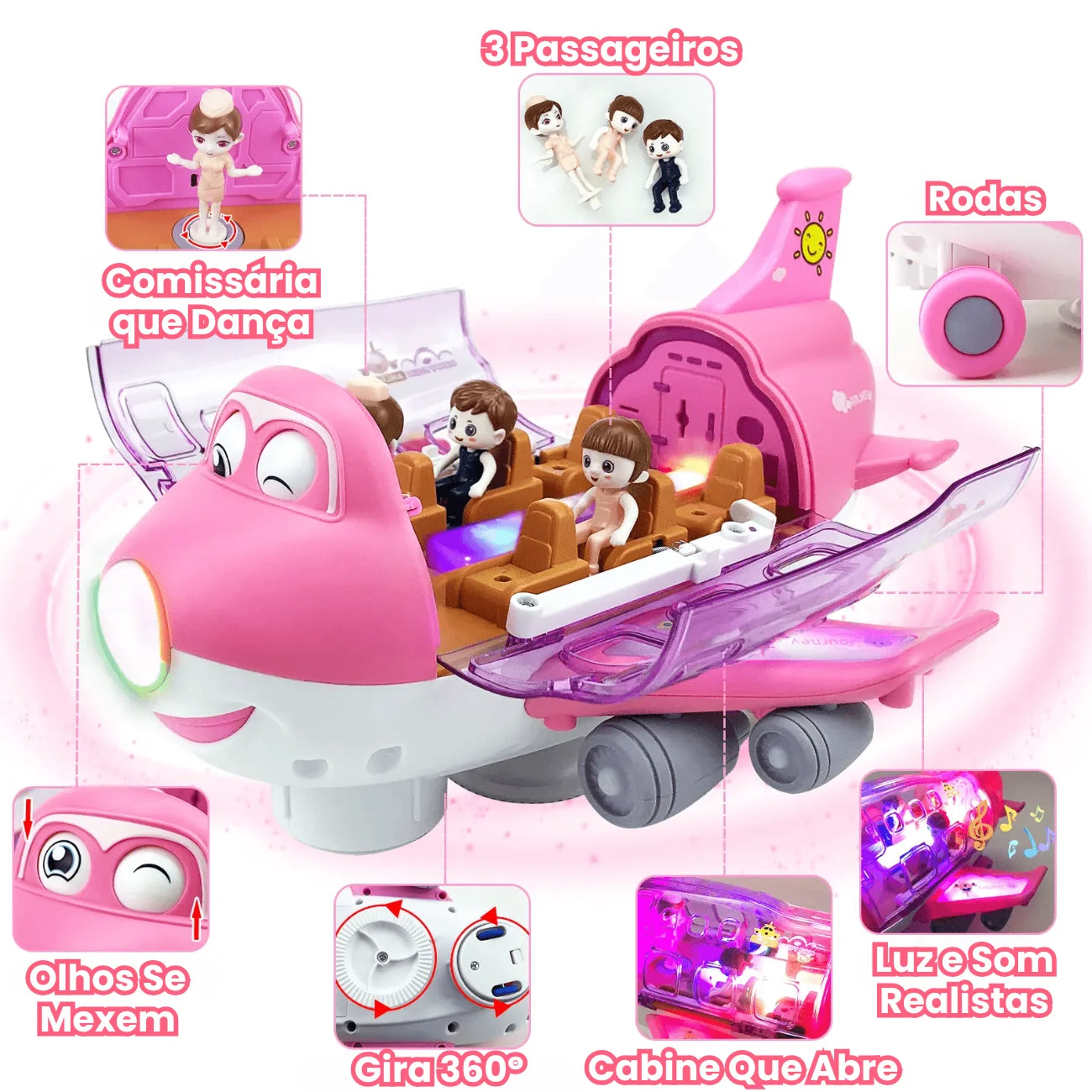 Avião de Brinquedo Infantil com Giro 360 Luzes Passageiros e Som Realista ZoopToys