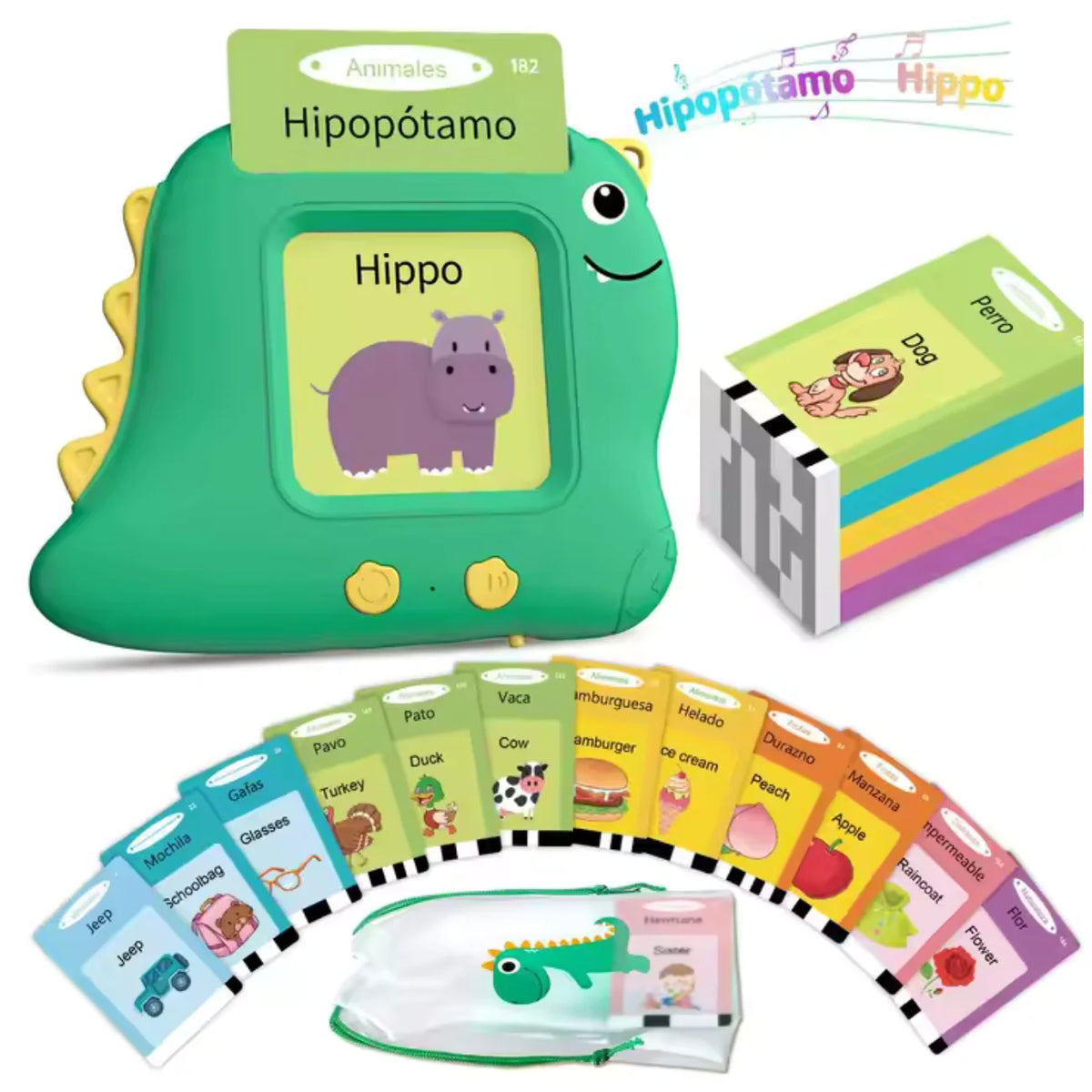 Leitor de Cartões Bilíngue com 224 palavras em inglês e português, brinquedo educativo que estimula a fala e o vocabulário das crianças