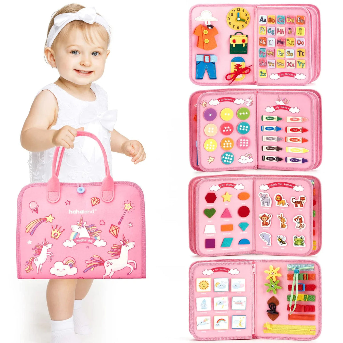 Livro Sensorial de Feltro infantil tipo Quiet Book Montessori com atividades educativas e interativas para crianças de 2 a 6 anos, ideal para estimular coordenação motora e aprendizagem longe das telas