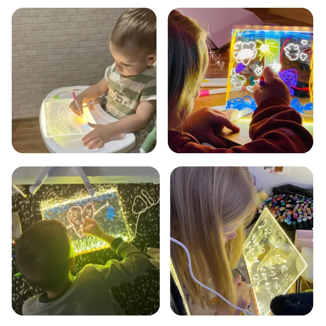 Imagem de crianças de várias idades utilizando o quadro led infantil