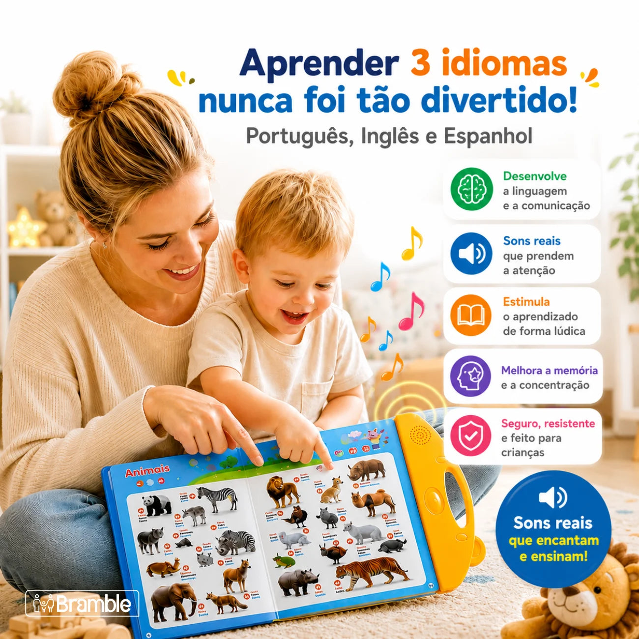 Livro Interativo Trilíngue com Sons e Imagens em Português Inglês e Espanhol Bramble