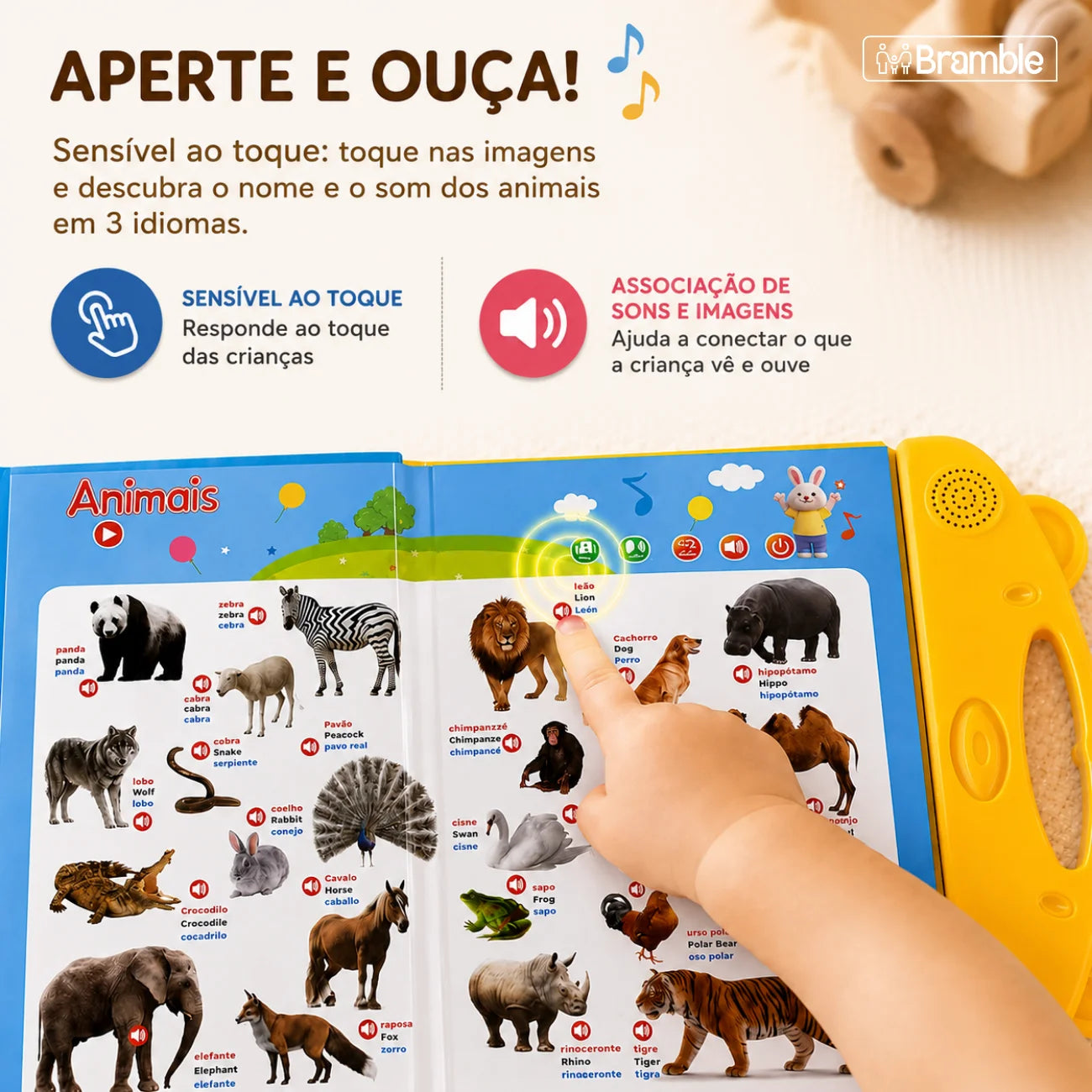 Livro Interativo Trilíngue com Sons e Imagens em Português Inglês e Espanhol Bramble