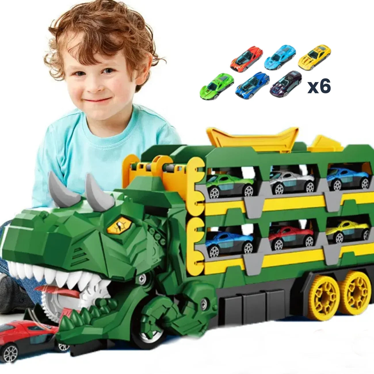 Brinquedo Caminhão Cegonha Dinossauro REX com Pista de Lançamento + 6 Carrinhos Bramble