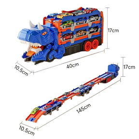 Caminhão Cegonha Brinquedo Dinossauro REX com Pista de Lançamento + 6 Carrinhos Bramble