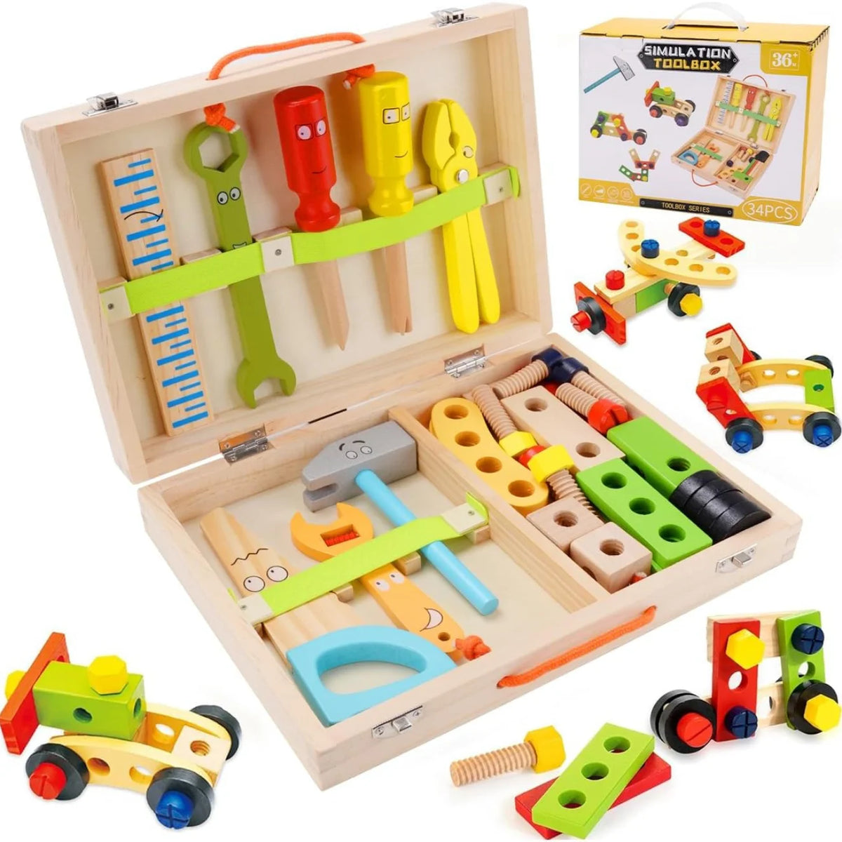 Kit de Ferramentas Educativo 100% Madeira 34 Peças Montessori