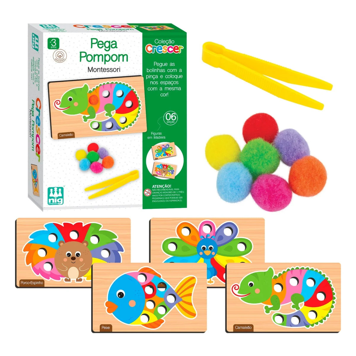 Jogo de Pegar Pompom Em Madeira Educativo com 63 Peças