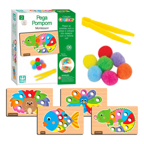 Jogo de Pegar Pompom Em Madeira Educativo com 63 Peças