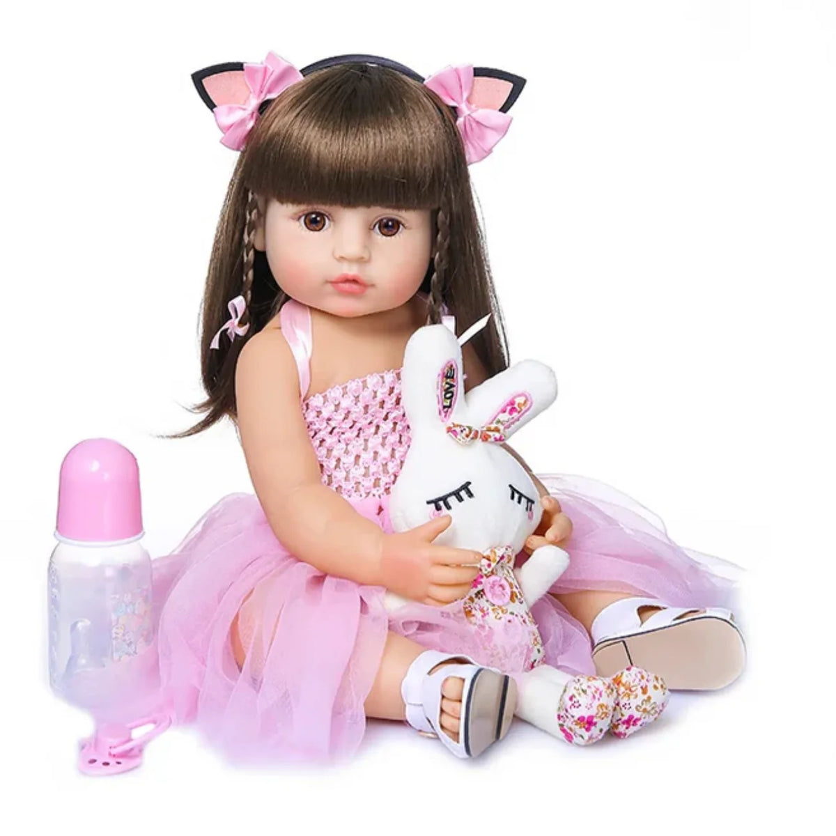 Boneca Bebê Reborn Realista Com Acessórios Coelhinha 55cm