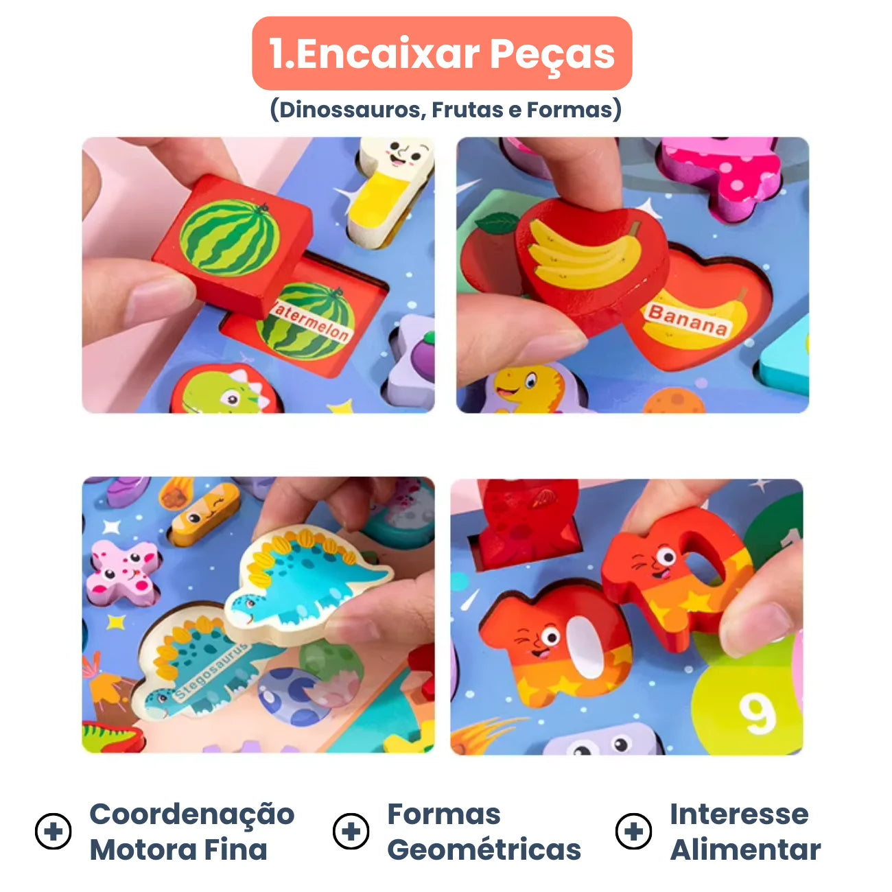 Brinquedo Tabuleiro Educativo Sensorial 7 em 1 Montessori com Dinossauros Frutas e Formas Bramble
