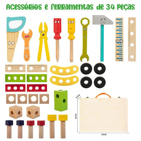 Caixa de Ferramentas Infantil Brinquedo Montessori 34 Peças em Madeira Brastoy