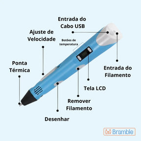 Caneta 3D Infantil com Filamento Colorido para Desenhos e Objetos Criativos Bramble