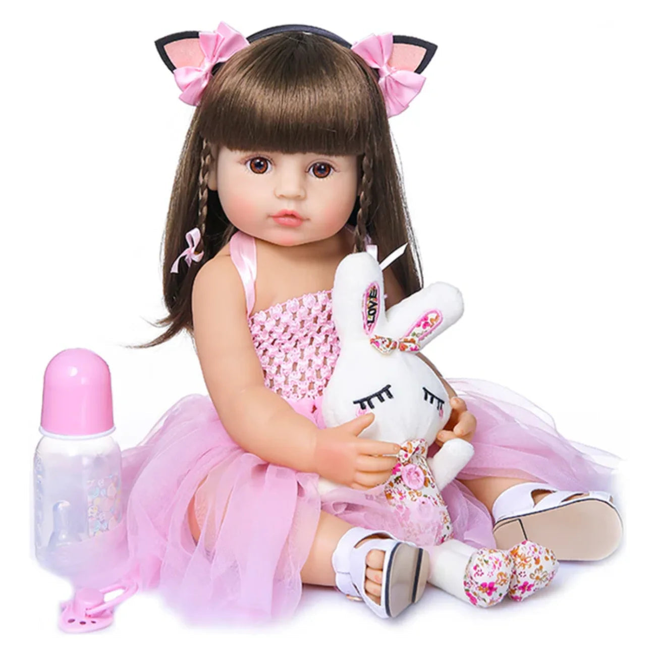 Boneca Bebê Reborn Realista 55cm com Acessórios Coelhinha Brastoy