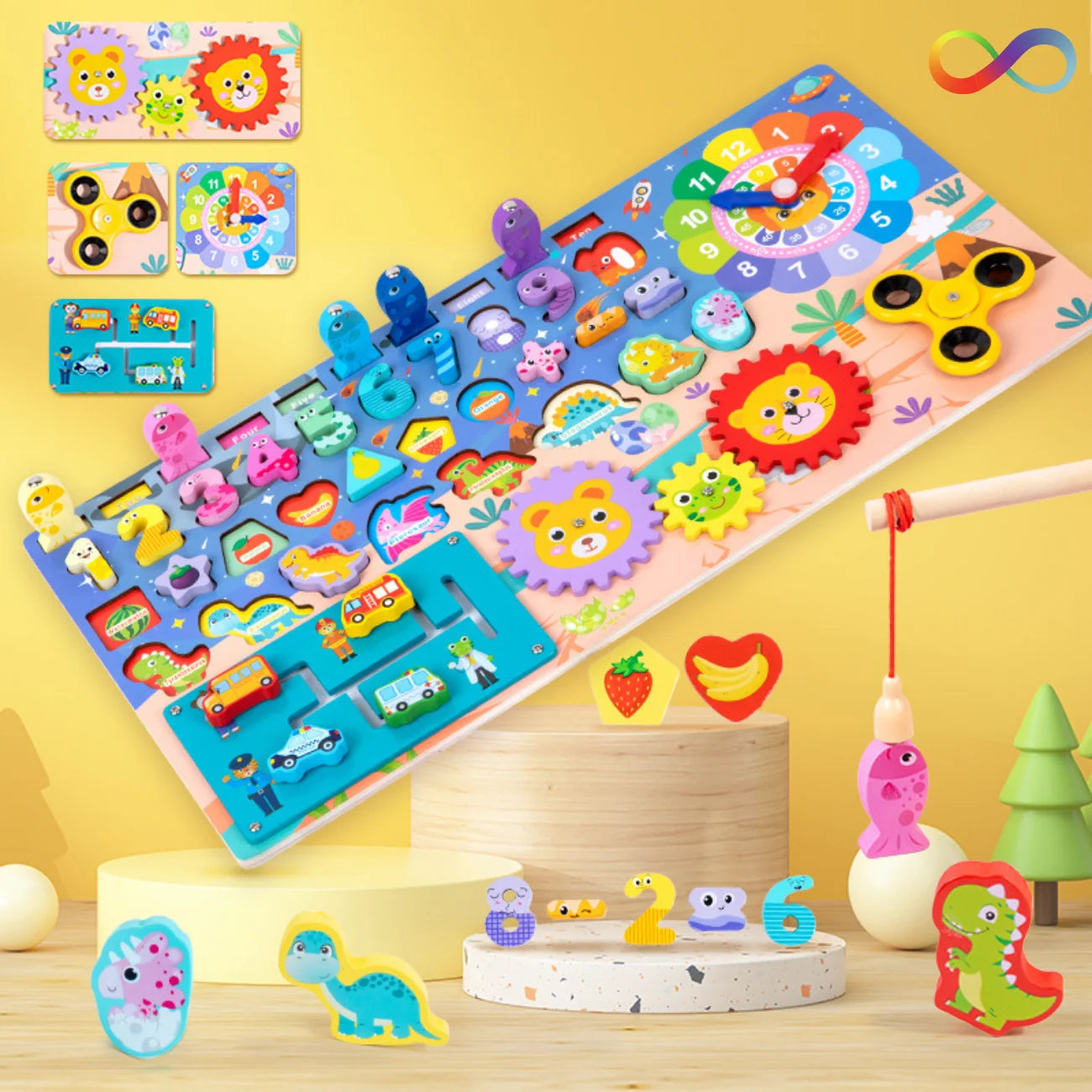 Brinquedo Tabuleiro Educativo Sensorial 7 em 1 Montessori com Dinossauros Frutas e Formas Bramble