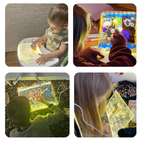 Imagem de crianças de várias idades utilizando o quadro led infantil
